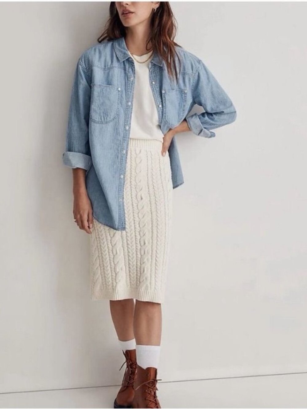 Madewell NWT Cable Knit Midi Sweater Skirt Pull On Antique Cream Knit Size XXL
